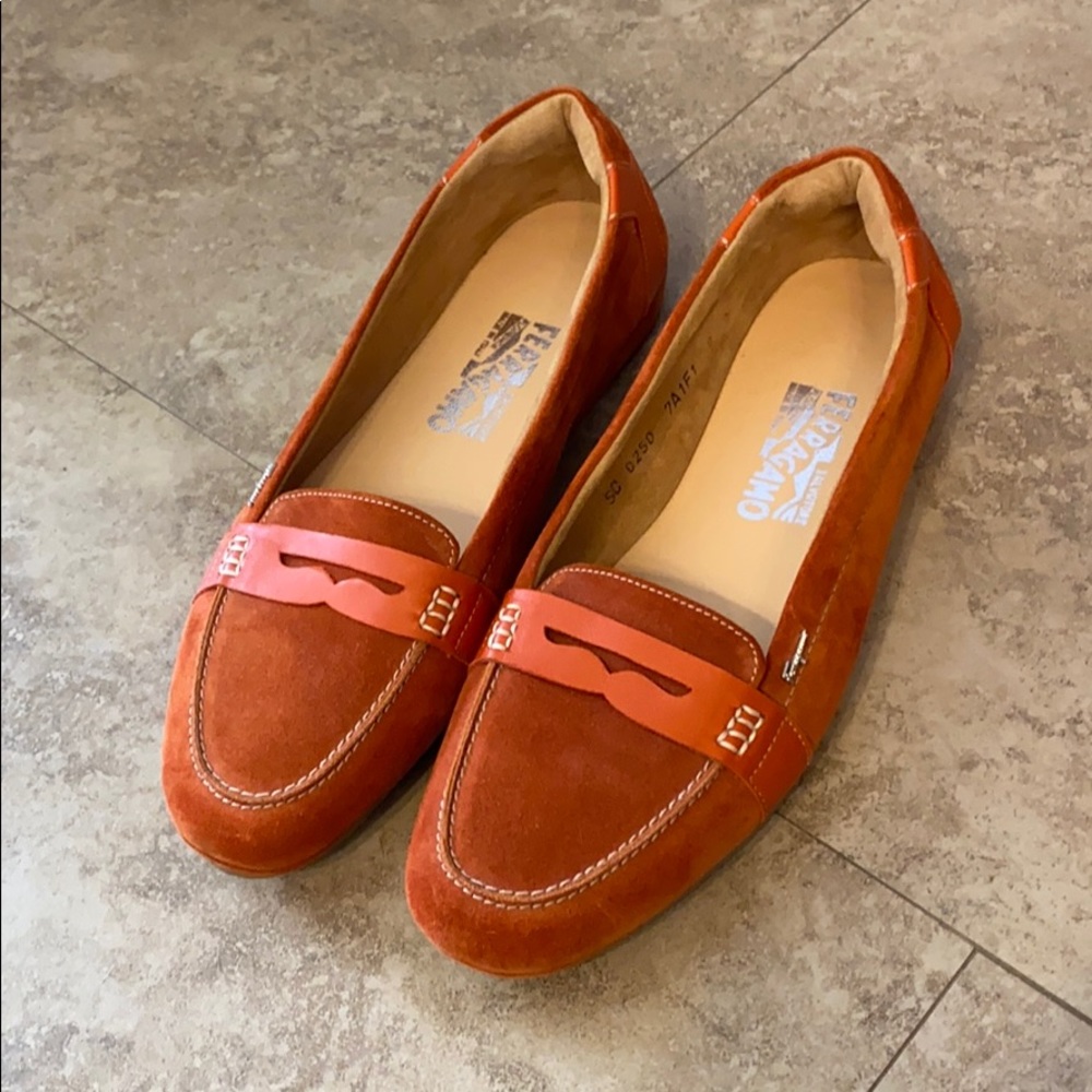 Orange suede Ferragamo loafers size 9M.Never worn!
